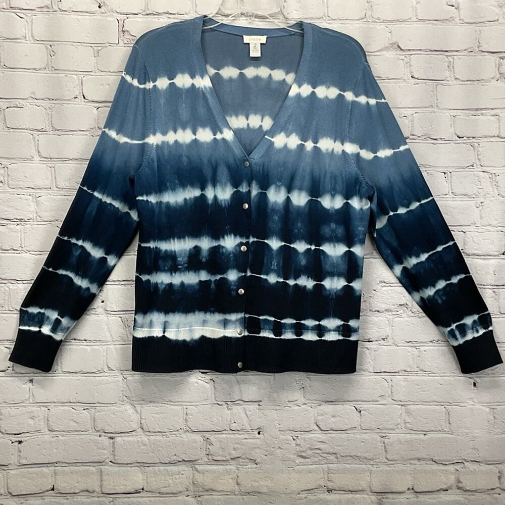Chico's Cardigan Women's Size 2 (M/12) Blue Tie Dye Ombre Snap Spring Casual